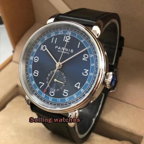New Parnis 42mm silver case blue dial GMT arab mark date window leather strap mens top leisure automatic mechanical watch