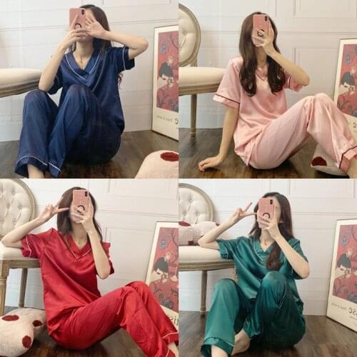 Pajamas Womens Summer Casual Thin Trousers Half-sleeve Shirt Solid Color Imitated Silk Fabric Home Wear Two-Piece Set