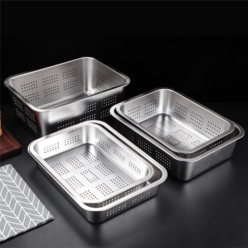 Rectangle Stainless Steel Storage Leak Trays Plate Hole Mesh Strainer Vegetable Fruit Washing Basket Food Pan Water Filter Basin