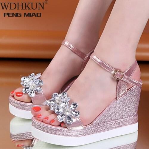 Female Fashion Flower Open Toe Sandals Dress Silver Sandals Women Rhinestone Wedges Platform Party Shoes Woman