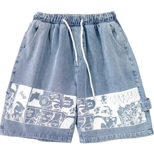 2021 New Hip Hop Denim Shorts Cartoon Comics Print Streetwear Short Jeans Mens Summer Fashion Casual Baggy Shorts Pants
