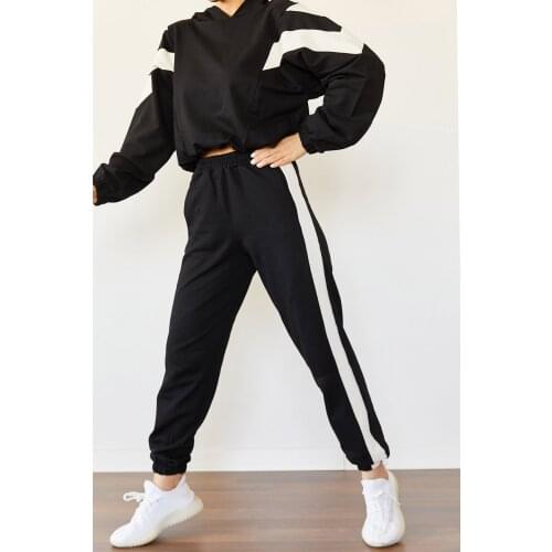 Womens Black Piece Tracksuit Autumn Winter Fleece Hoodies Vintage Sweatshirt Jogger Pants Thick Warm Clothes Two Piece Set