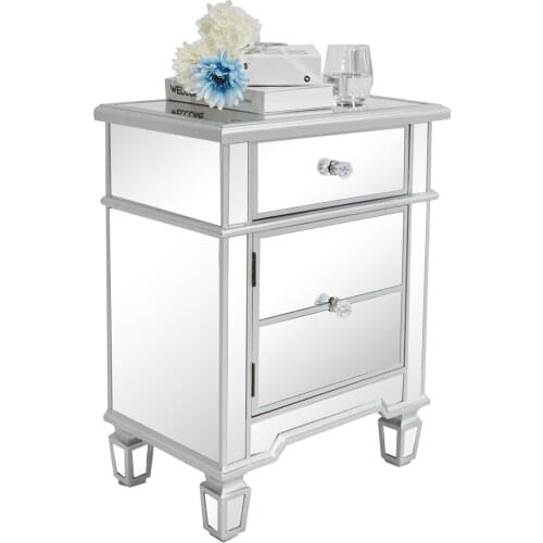 Mirror Surface Nightstand Bedside Table 1 Drawer 1 Door Side End Table Cabinet 48x32x63CM Silver[US-Stock]