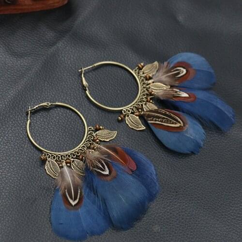 Vintage Feather Long Earrings For Women Tassel Pendant Earring female bohemia Pendientes Round Hanging Earrings Brincos Da Moda