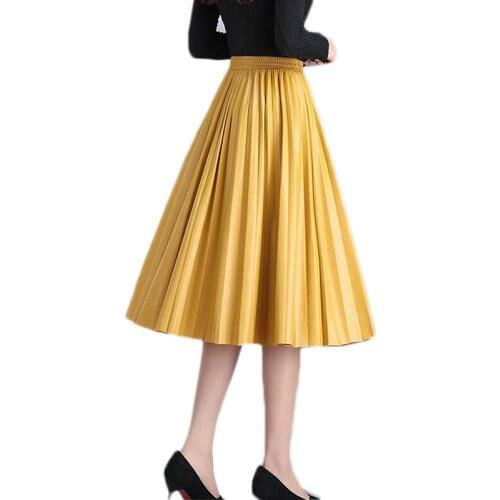 Fashion High Waist Pleated Pu Faux Leather Skirt Women Autumn Winter Elegant Midi Long Skirts Female Yellow Green Leather Skirt