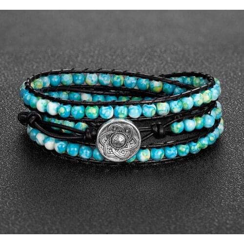 Women Bracelets 3 Rows Natural Stone Beaded Leather Wrap Bracelet Fancy Femme Boho Jewelry Bracelets Drop Shipping