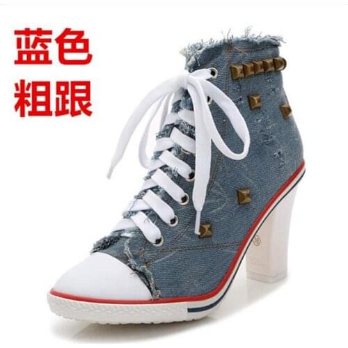 Women pumps Denim Lace Up 8CM Thick heel High heels Round Toe Ankle Strap rivet Shallow zapatos de mujer women shoes size 35-42