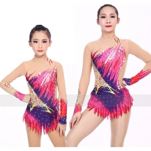 2021 Women Rhythmic Gymnastics Leotards Female Modern Skating Competition Dress Long Sleeve Rhinestone For Adult/Kids DQL5865