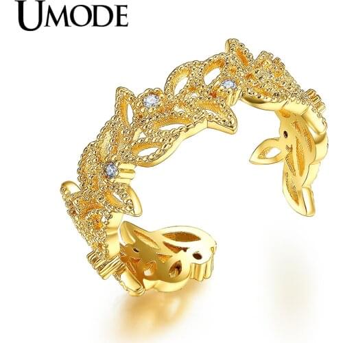 UMODE New Unique Party Jewelry Olive Leaves Rings for Women Gold Color Charm Vintage Cocktail Ring Bagues Strass Femme AUR0374A