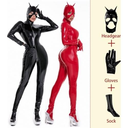 AIIOU Erotic Sexy Crotchless Wetlook Faux PU Lether Bodysuit Women Double Zipper Open Crotch Jumpsuits Mistress Catsuit Costumes