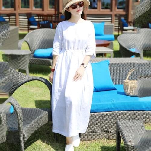 2021 New Summer Women Long Maxi Dress Female O-Neck Casual Vestidos Ladies Loose Cotton Linen Plus Size Holiday Dresses B233
