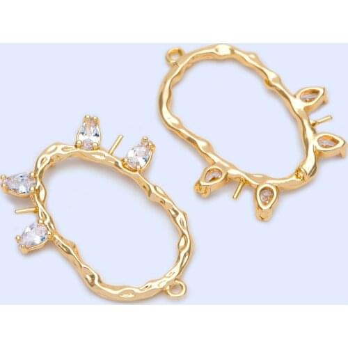 4pcs Gold plated Brass CZ Paved Oval Connectors 31x26mm, Lead Nickel Free (GB-1164)