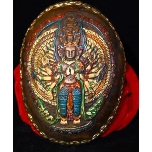 7"Tibet temple Old Tibetan silver mosaic Gabala Bowl skull head Thousand-Hand Guanyin Statue tantrick Kapala Bowl Cup Town House