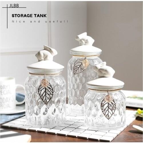 Sugar Cans European Glass Candy Storage Jar Ceramic Rabbit Cover Crystal Storage Tank Decoration Ornaments Kitchen Crystal Jar