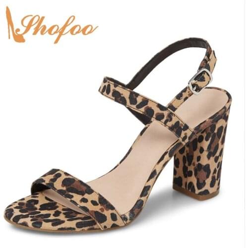 Brown Leopard High Chunky Heels Sandals Woman Ankle Buckle Strap Large Size 11 13 For Ladies Summer Footwear Casual Mature 2021