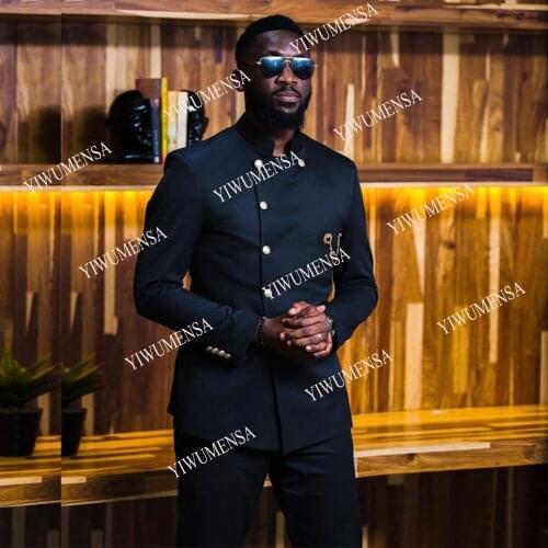 Black Mens Two Pieces Suit High Collar Double Breasted Wedding Blazers Slim Fit Male Tuxedos Groom Wear Prom Jackets And Pants
