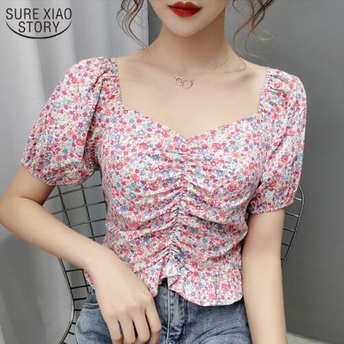 Puff Sleeve Cotton Slim Blouse Women Ropa De Mujer 2021 Summer Womans Shirt Printed Short Sleeve Floral Square Collar Top 9623