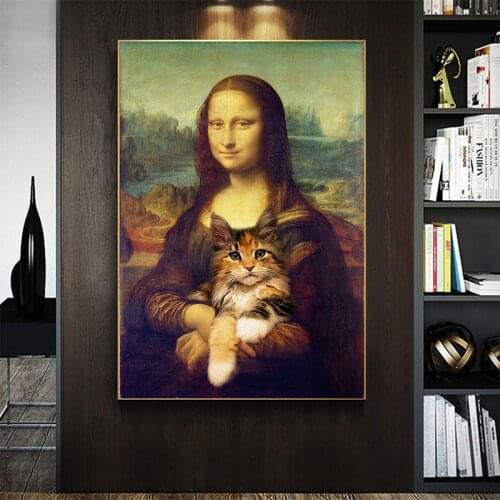 Mona Lisa with Cat Art Posters and Prints Classic Portrait Artist Oil Painting Print Painting on Canvas Wall Picture for Home
