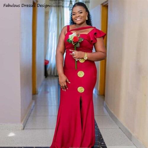 Red Side Split Bridesmaid Dresses Mermaid Appliques Ruffles Long Wedding Party Dress For African Women Robe De Soirée De Mariage
