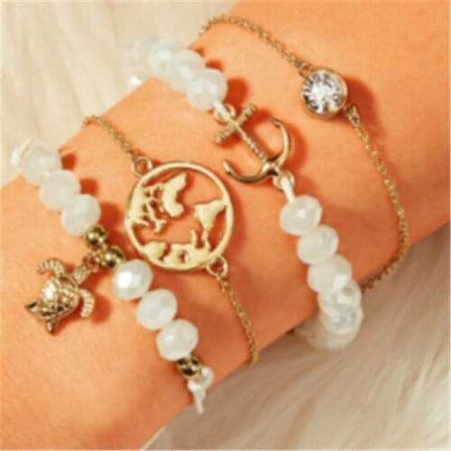 KSRA Popular unisex acrylic beads alloy turtle anchor bracelet 4 piece set