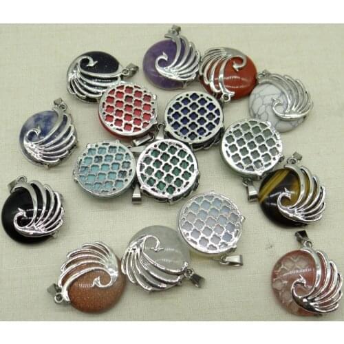 Natural Stones malachite Quartz crystal Round Pendant Plated Phoenix Surround Pendant For Jewelry Making DIY Reiki Necklaces1pcs