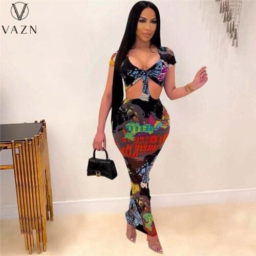VAZN New 2021 Formal Print V-neck Short Sleeve Maxi Dresses Sexy Club Birthday Dress Casual Women Elegant Fashion Female Dress