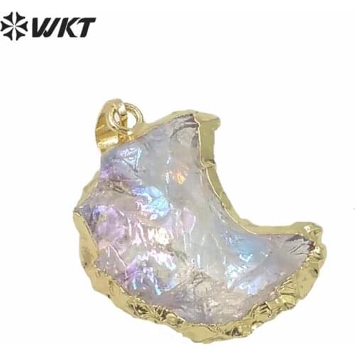 WT-P1564 Wholesale gold trim hot angel aura moon necklace pendant fashion natural crystal quartz stone aura moon pendants