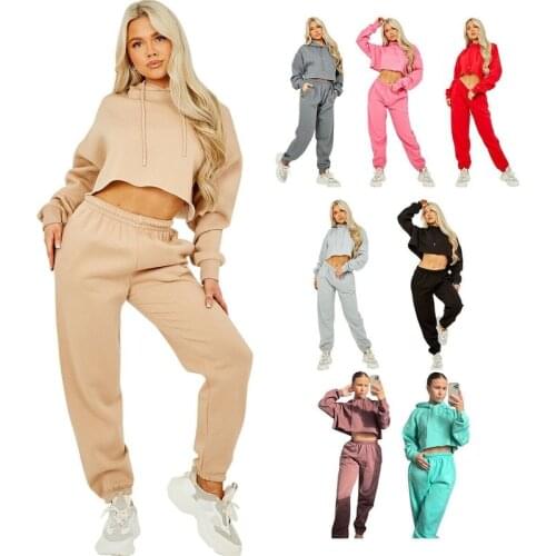 Autumn Winter 2021 Pullover Knitted Two Piece Set Women Outfit Long Sleeve Hooded Short Top Wide Leg Pants Set Women Tracksuit