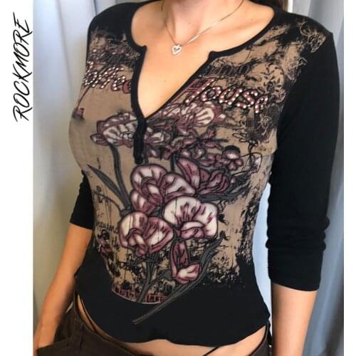 Rockmore Vintage Printed T Shirts Fairy Grunge 90s Aesthetic Clothes Women Black Casual V Neck Long Sleeve Top Goth Streetwear