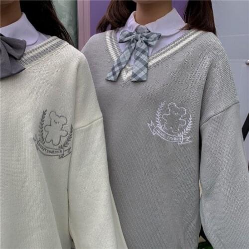 Bear Embroidery British Preppy Style Womens Unisex V-Neck Winter Sweater Japanese School JK Uniform Sweater 2 Styles 2 Colors