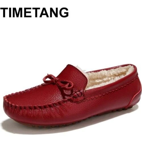 TIMETANGwinter plush women moccasins genuine leather women flat shoes comfortable cowhide mother boat snow shoes woman