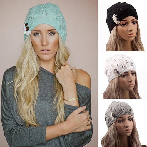 Womens Leaf Lace Button Tricorne Knit Winter Warm Hat Braided Baggy Beret Beanie Cap