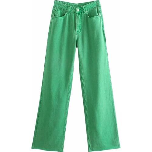 Aonibeier 2021 Summer Autumn Women Colored Jeans Raw Hem High Waist Full Length Casual Straight Denim Pants Green Blue Female