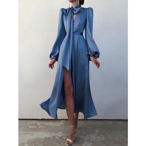 2021 Autumn New Satin Ladies Dress Bat Lantern Sleeve Slim Slit Casual Fashion Temperament Long Skirt Woman Clothing WE296