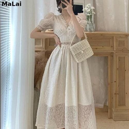 Females 2021 Summer Chic One Piece Dress Korean V-Neck Elegant Vintage Dress Women Puff Sleeve Lace Dress Evening Party Dresses