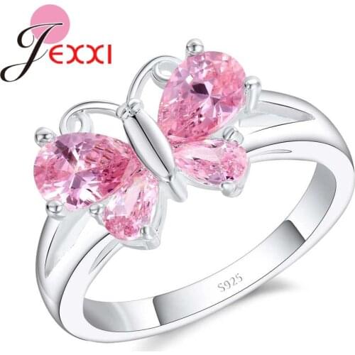 Fashion Sweet Cute Style 925 Sterling Silver Rings Butterfly Shape Light Pink Cubic Zirconia Stone Jewelry For Girls