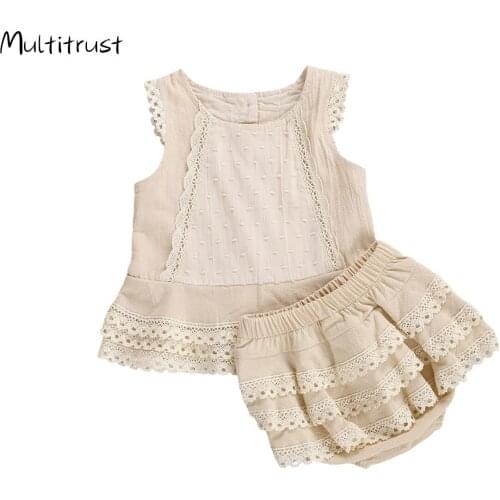 2020 Baby Girl Summer Suit Sleeveless Lace Vest Top Layered Hem + Tiered Skirt Panty Outfit for Toddler Girl 1-4Years