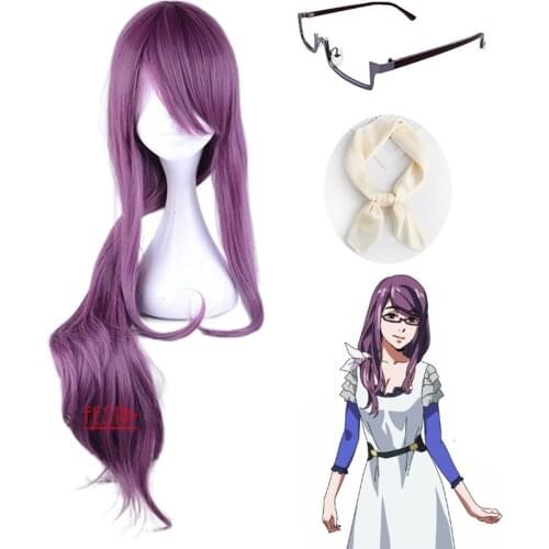 Anime Tokyo Ghoul Cosplay Kamishiro Rize Long Purple Wig Women Glasses Headband Heat-resistant Fiber Hair + Wig Cap Accessories