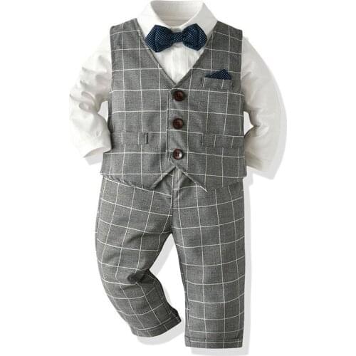 Plaid Blue Grey Boy Gentleman Blazer Clothes Baby Formal White Shirts Vest Long Prant 3 Pieces Kid Birthday Wedding Suit School
