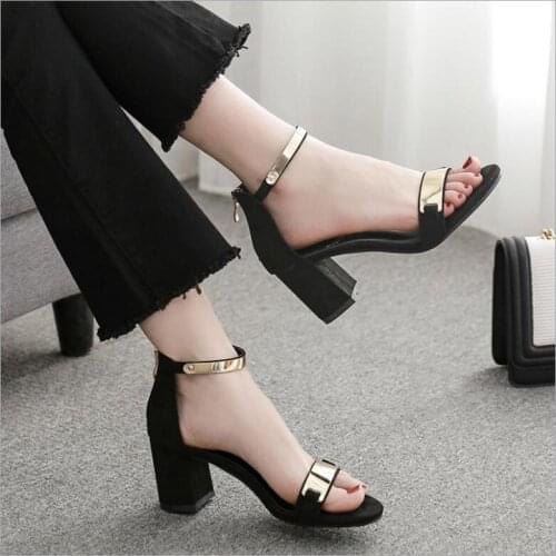 New Fashion Black Gray Summer Sandals Open Toe Women Classic Thick Heel Shoes Gladiator Shoes Buckle chunky heel sandals