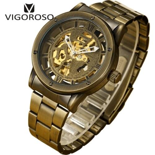 VIGOROSO Antique Retro Vintage Steampunk Automatic Mechanical Skeleton Watch Men Bronze Steel Analog Mens Self Widing Wristwatch