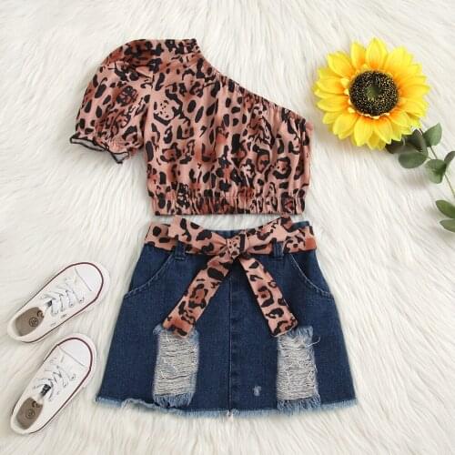 FOCUSNORM 1-6Y Summer Fashion Kids Girls Clothes Sets Leopard Printed One Shoulder T Shirts Denim A-Line Skirts With Belt