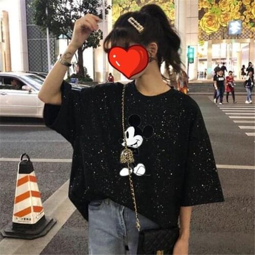 Disney Kawaii Mickey Mouse Summer T-shirt Ladies Black Top Ladies Casual O-Neck Tops Women Loose Harajuku Clothing Female Tees