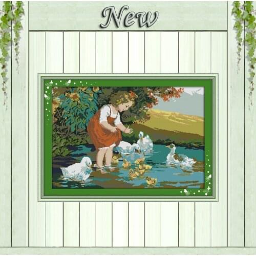 Little girl and ducks in pool painting counted print on canvas DMC 11CT 14CT kits chinese Cross Stitch embroidery needlework Set