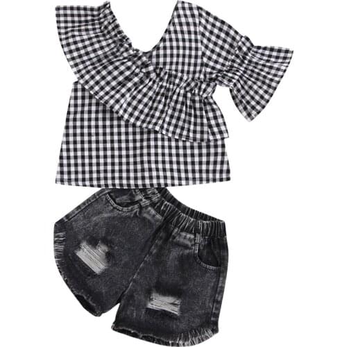 2Pc Kids Casual Set Summer Cotton Plaid V-Neck Short Sleeve Pullover T-shirt Ripped Denim Short Pants for Toddler 1-7 Years