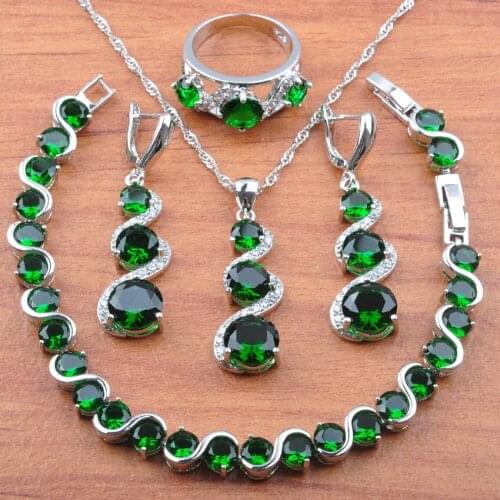 2021 New Women Wedding Costume Green Zircon Silver Color Jewelry Set Long Earrings Pendant Necklace Bracelet Ring JS0138