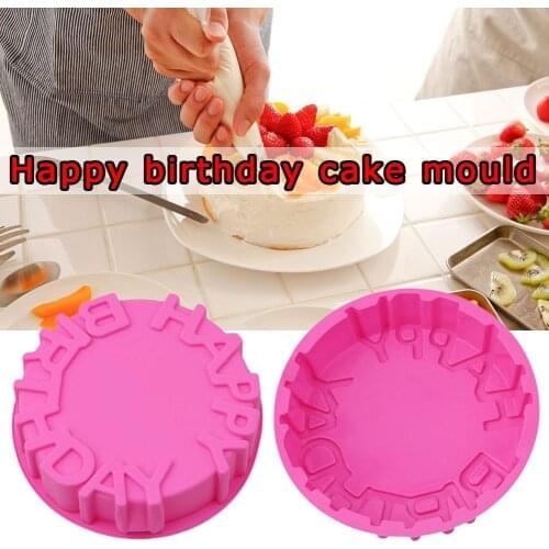 Happy Birthday Round Baking Tray Silicone Cake Mold Pie Decorating Kitchen Bakeware Bread Festival Pan Flan Dish Tool Diy B A6R8