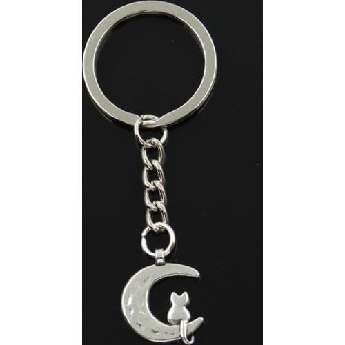 Fashion 30mm Key Ring Metal Key Chain Keychain Jewelry Antique Bronze Silver Color Plated Moon Cat 22x18mm Pendant