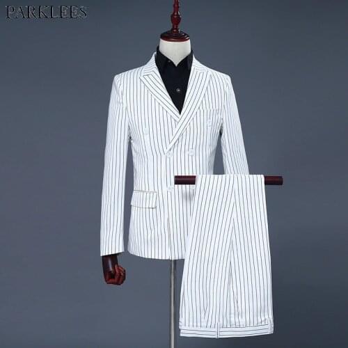 Fashion White Vertical Striped Double Breasted Suit Men 2019 New Wedding Groom Tuxedos 2 Piece Suits Mens Costume Homme Mariage