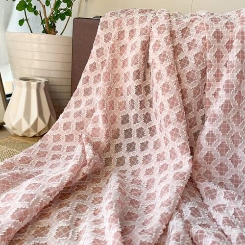 Soft Apricot Prismatic Plaid Cut Floral Chiffon Fabric For Dress Shirts, Black, White, Pink, Blue And Red, By The Meter